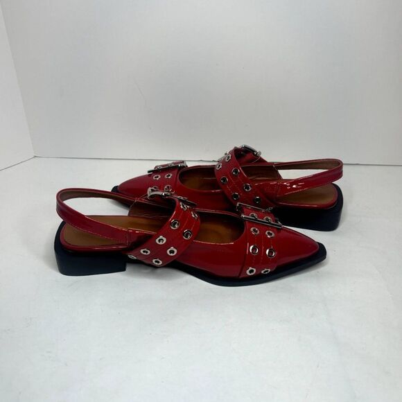 Lunhonk Red Patent Leather Slingback Flat Sandals Womens Studded Buckle Designer - Picture 8 of 11